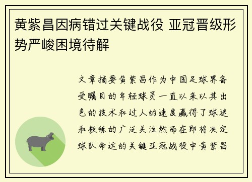 黄紫昌因病错过关键战役 亚冠晋级形势严峻困境待解